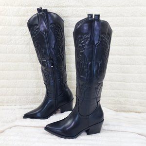 Dalton Black Leatherette Knee High Western Cowboy Cowgirl Boots Wood Block Heels
